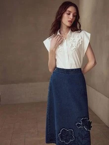 MOTF STUDIO 刺绣不对称下摆牛仔裙