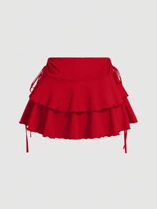 SHEIN MOD Women's Solid Color Drawstring Pleated Waist Skirt - Red - View 2