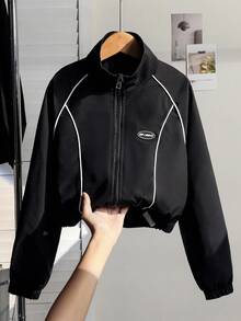 Sparklyn Tween 女孩休闲弹性袖口和下摆夹克风衣，梭织面料，手感舒适，撞色饰边，正面图案，宽松版型，适合春季、夏季、秋季、日常、通勤、户外、派对、拍照 - 黑色 - 查看 1