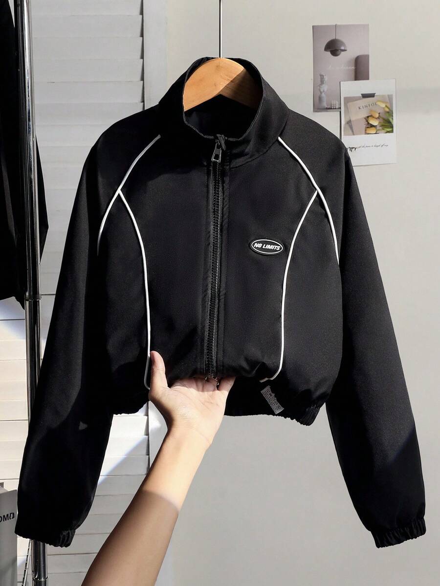 Sparklyn Tween 女孩休闲弹性袖口和下摆夹克风衣，梭织面料，手感舒适，撞色饰边，正面图案，宽松版型，适合春季、夏季、秋季、日常、通勤、户外、派对、拍照 - 黑色 - 查看 1