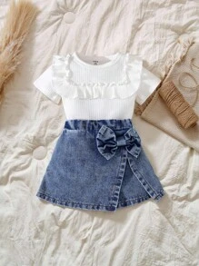 SHEIN Vintaside Kids 2pcs/Set,Baby Girl Spring&Summer Casual Style,Solid Short Sleeves T-Shirt&Hort Jearns