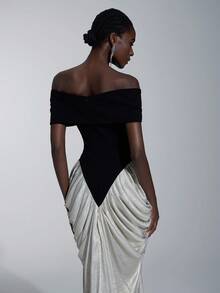 Elitara 优雅奢华黑白缎面拼布涂层面料不对称露肩荷叶边鱼尾下摆正式晚礼服女式 - 黑與白 - 查看 5