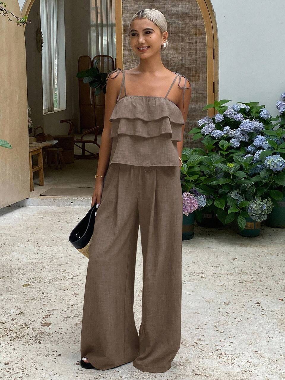 2pcs/Set Women's Fashion Ruffle Trim Crop Camisole Top And High Waist Wide Leg Pants,Coffee Brown,Summer,Casual,Vacation,Holiday Lounge Outfits