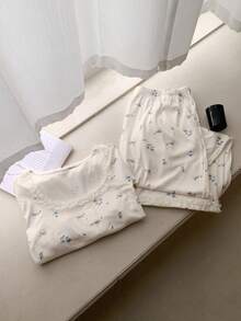 Dazy Plus 2 件套睡衣套装，针织撞色蕾丝领上衣和裤子，全身花卉印花，加大码女士睡衣，秋季服装 - 杏色 - 查看 7