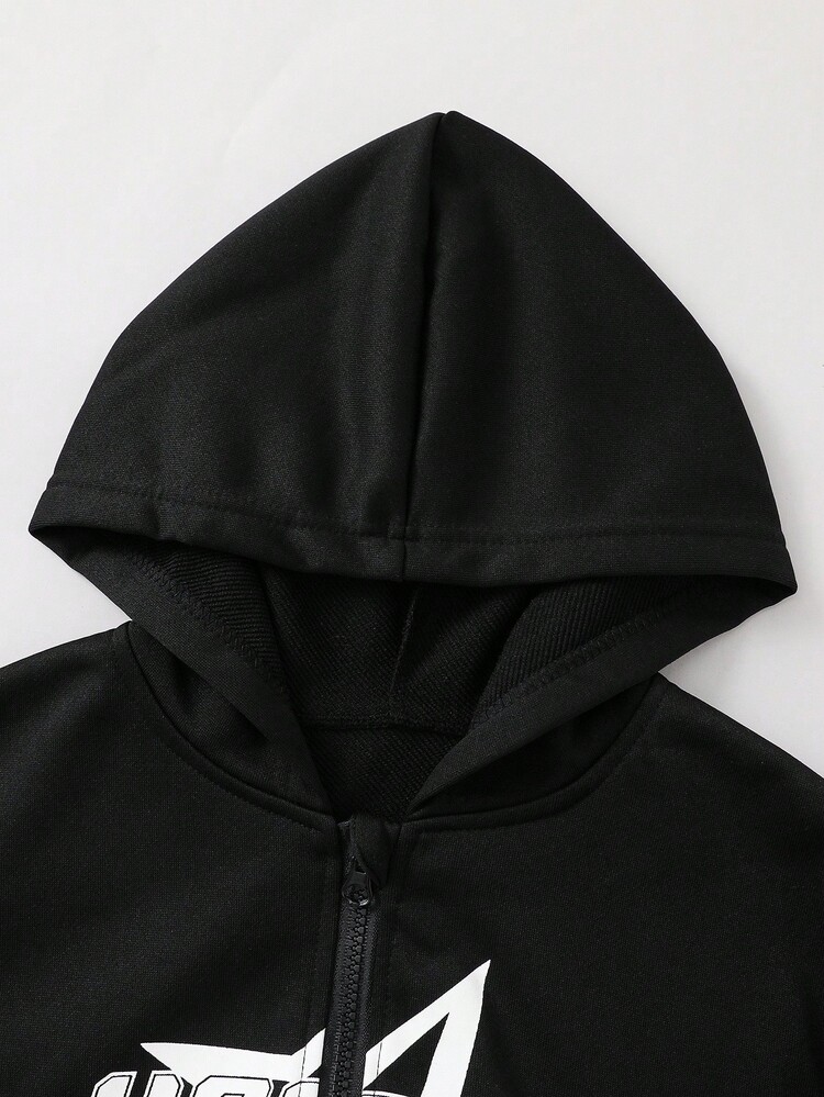 PAVTROS Stjärnmönster Streetwear Tween Pojkar Huvad Jacka Med Dragkedja - Svart - Visa 3