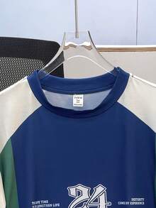 SHEIN 2 件套青少年男童拼布运动字母撞色短袖 T 恤和短裤套装,休闲、学校、旅行、运动、舒适、柔软、百搭 - 藏蓝色 - 查看 5