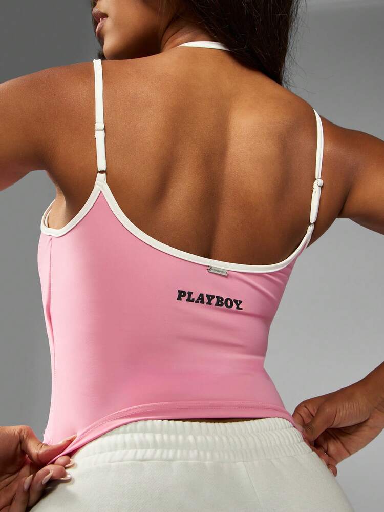 Missguided x Playboy Double Layer Active Cami Pink Workout Tank Top Fitness Athletic Gym Cropped Sports Singlet For Training Exercise Yoga