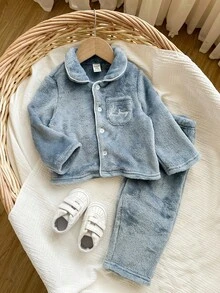 SHEIN مجموعة ملابس منزلية طويلة الأكمام ناعمة باللون الأزرق للأطفال الصغار 2 قطعة/طقم، ملابس شتوية يمكن ارتداؤها للجنسين، ملابس شتوية للأطفال - متعدد الألوان - مشاهدة 5