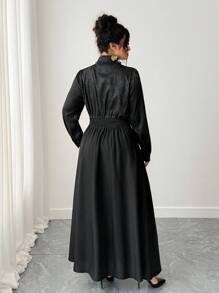 Elenzga Váy dài tay cổ ngọc trai họa tiết jacquard thanh lịch dành cho nữ cỡ lớn - màu đen - Xem 2