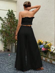 SHEIN LUNE Ensemble 2 pièces pour femmes : Top bandeau à volants romantique et pantalon large plissé, convient pour les vacances, la tenue de mariage