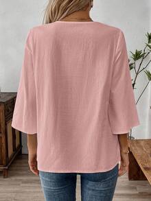 SHEIN LUNE Camisa de unicolor con parches de encaje, casual para vacaciones - Rosado Sandía - Ver 2