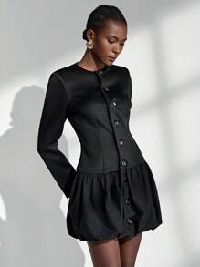 Vestido negro clásico Almamuse-D, diseño de cintura de cuello redondo y abotonadura sencilla, vestido de mujer de moda retro, primavera/otoño