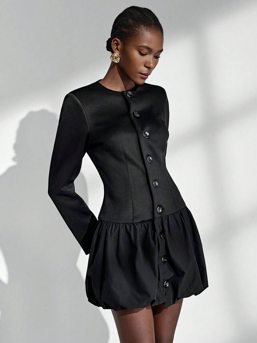 Vestido negro clásico Almamuse-D, diseño de cintura de cuello redondo y abotonadura sencilla, vestido de mujer de moda retro, primavera/otoño