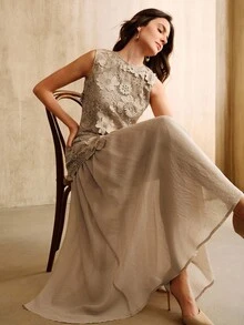 SHEIN X GALILEA Anewsta 优雅节日水溶3D镂空花朵拼布雪纺喇叭裙 卡其色 春夏 - 卡其色 - 查看 3