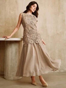 SHEIN X GALILEA Anewsta 优雅节日水溶3D镂空花朵拼布雪纺喇叭裙 卡其色 春夏 - 卡其色 - 查看 6