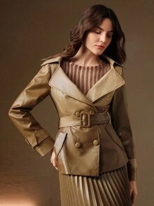 Anewsta 优雅复古渐变色 PU 皮夹克，超大衣领和腰带，短款修身款式，秋冬 - 黑色 - 查看 6