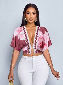 SOLERSUN 女士优雅热带印花褶皱镂空修身金属环扣小众设计短袖外出T恤 - 粉色 - 查看 1