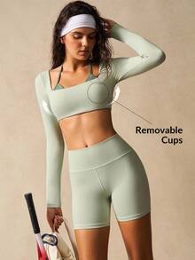 VARSIVA 女士健身套装 女士撞色拼布短款上衣和短裤 运动套装两件套运动套装 长袖瑜伽套装 - 彩色 - 查看 10