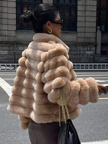 DAZY 女士宽松高领长袖休闲街头仿皮草外套，秋冬女式大衣 - 駝色 - 查看 2