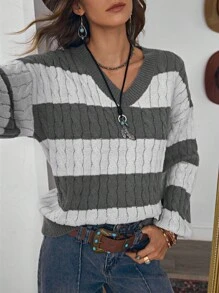 LanaWest Women's Twist Cable Pattern Striped V-Neck Drop Shoulder Long Sleeve Casual Pullover Sweater Fall Winter Cloth For Women - Dark Grey - View 6