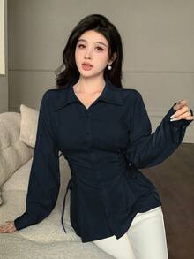 Modelyn Áo sơ mi thời trang màu trơn cổ bẻ chéo bên hông cài nút phía trước cho nữ Áo cánh màu xanh navy Áo cánh bó sát cho nữ Áo cánh tay dài Áo màu xanh đậm Áo corset - Màu xanh hải quân - Xem 7