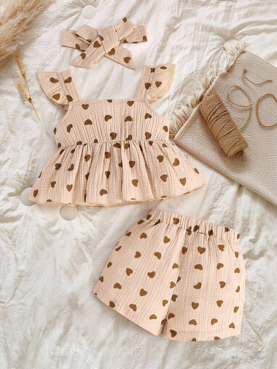 SHEIN Vintaside Kids Baby Girl Heart Print Ruffle Trim Peplum Top & Shorts - Apricot - View 1