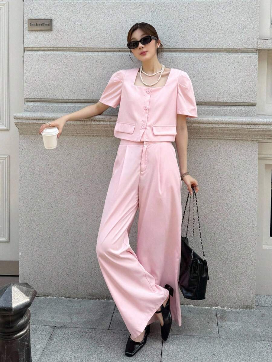 K-Vae Women's Fall Pink Celebrity Style Square Neck Short Puff Sleeve Single-Breasted Top And Wide-Leg Pants Casual Two Pieces Suit,Fall Outfits Women , Going Out Outfits,Old Money - Pink - View 1