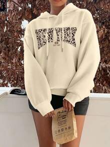 SHEIN EZwear Casual Minimalist New York Leopard Print Pattern Hooded Long Sleeve Loose Fit Women Sweatshirt, Autumn/Winter,Fall - Apricot - View 5