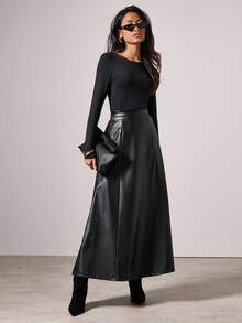 COSMINA 女士优雅长款PU皮裙，秋冬 - 黑色 - 查看 3