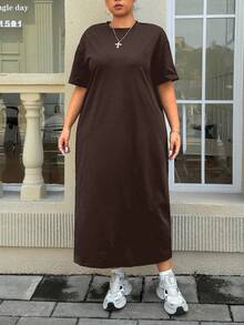 SHEIN EZwear 大码休闲纯色短袖T恤连衣裙 - 棕色 - 查看 2