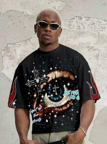 Manfinity EMRG High Quality Oversized Cropped T-Shirt With Rhinestone Cross Graphic - Black - View 6