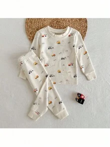 Loomiva 2 件套男婴舒适睡衣套装，卡通汽车印花柔软针织圆领长袖上衣和松紧腰长裤，舒适棉质幼儿睡衣，适合冬季