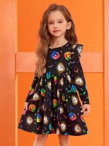 GARFIELD | SHEIN Young Girls' Cartoon Pumpkin Pattern Knitted Round Neck Ruffle Trim Long Sleeve Halloween Autumn/Winter Dress - Black - View 4