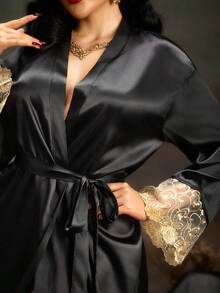 PinupPomp Áo choàng lưới thêu chắp vá bằng lụa giả gợi cảm dành cho nữ, mùa đông - màu đen - Xem 5