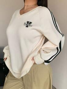 Dazy Plus V-Neck Graphic Print Color Block Ribbon Loose Sporty Casual Plus Size Women Sweatshirt, Spring/Autumn