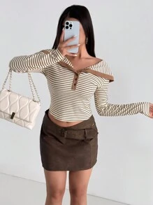 Aidyla Striped Knit Collared Long Sleeve Off-Shoulder Henley T-Shirt Tops With Minimalist Design Fall Clothes For Women - Khaki - View 4