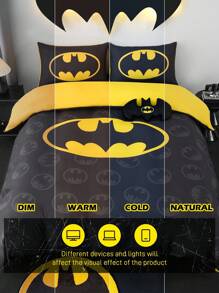 BATMAN X SHEIN 3pc Fashionable & Comfortable Soft Reversible Hero Character Bat Print Duvet Cover Set, For Home, Bedroom