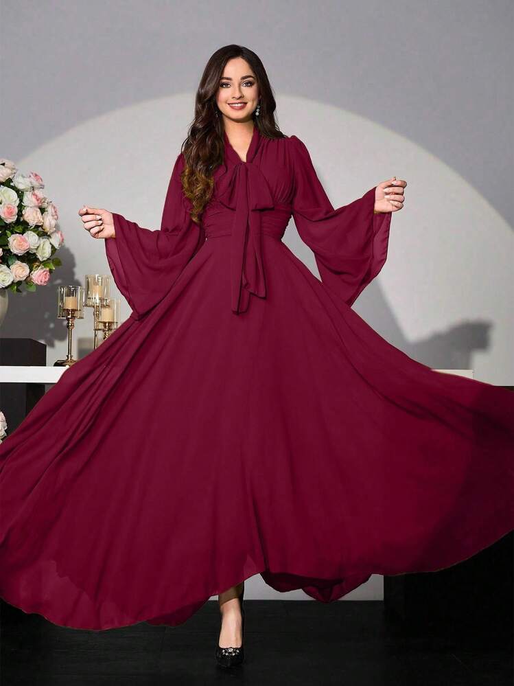 Modelyn Vestido de mujer de unicolor con cuello de nudo, mangas acampanadas y cintura ceñida - Burdeos - Añade 3