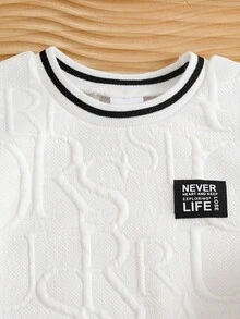 SHEIN Playful Pals 2 件幼儿男童休闲字母针织提花饰边罗纹圆领长袖运动衫和松紧腰裤套装，适合外出、日常休闲装、旅行，6 个月至 3 岁 - 白色 - 查看 5