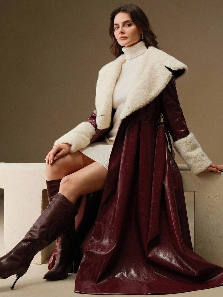 Elegant High-Waisted Faux Fur Long Coat, Suitable For Autumn, Fall, Winter, Going Out, Elegant, Formal, Party, Chic, New Year, Christmas, Graduation, Wedding, Burgundy