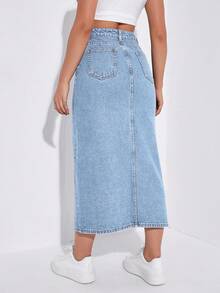 SHEIN ICON Casual Washed Slit High Waist Denim Skirt Thermal Denim - Blue - View 2