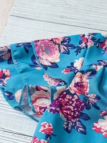 Breezaya Áo cánh tay ngắn dáng rộng cổ chữ V in hoa màu hồng dành cho nữ - Màu xanh lam - Xem 4