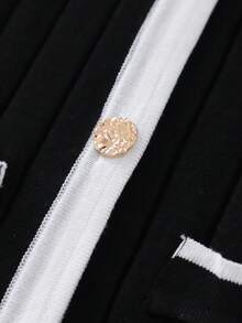 SHEIN Franclia 女式不对称荷叶边拼色圆领开衫，秋冬季厚针织毛衣夹克 - 黑色 - 查看 7
