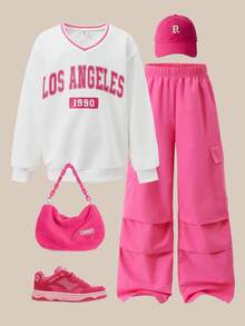 SHEIN Tween Girl Two Pieces Set: White Sweatshirt With Letter Print Top And Fuchsia Woven Cargo PantsAutumn/Winter.2025 Back-To-School Season Kids College Outfits And Campus Sportswear - Hot Pink - View 3