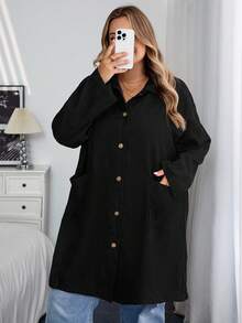 SHEIN CURVE+ Curve 加大码/秋装/秋季女装/女冬装/冬装大码女式乡村风格灯芯绒双口袋纽扣门襟中长外套，秋季夹克加大码夹克 8xl 女装 6xl 加大码女装 5xl 加大码加大码灯芯绒夹克，女式秋季服装/秋/冬 - 黑色 - 查看 6