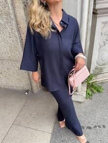 Jeta Ari Bộ 2 chiếc/bộ áo sơ mi rộng xẻ tà pha trộn và quần ống rộng cạp cao thanh lịch cho nữ công sở thường ngày - Màu xanh hải quân - Xem 3