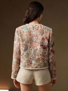 Anewsta Elegant Romantic Open Front Jacket, Woolen Fabric With Floral Embroidery, Pearl Decor, Braided Trim Design, Long Sleeve, For Women, Autumn/Winter