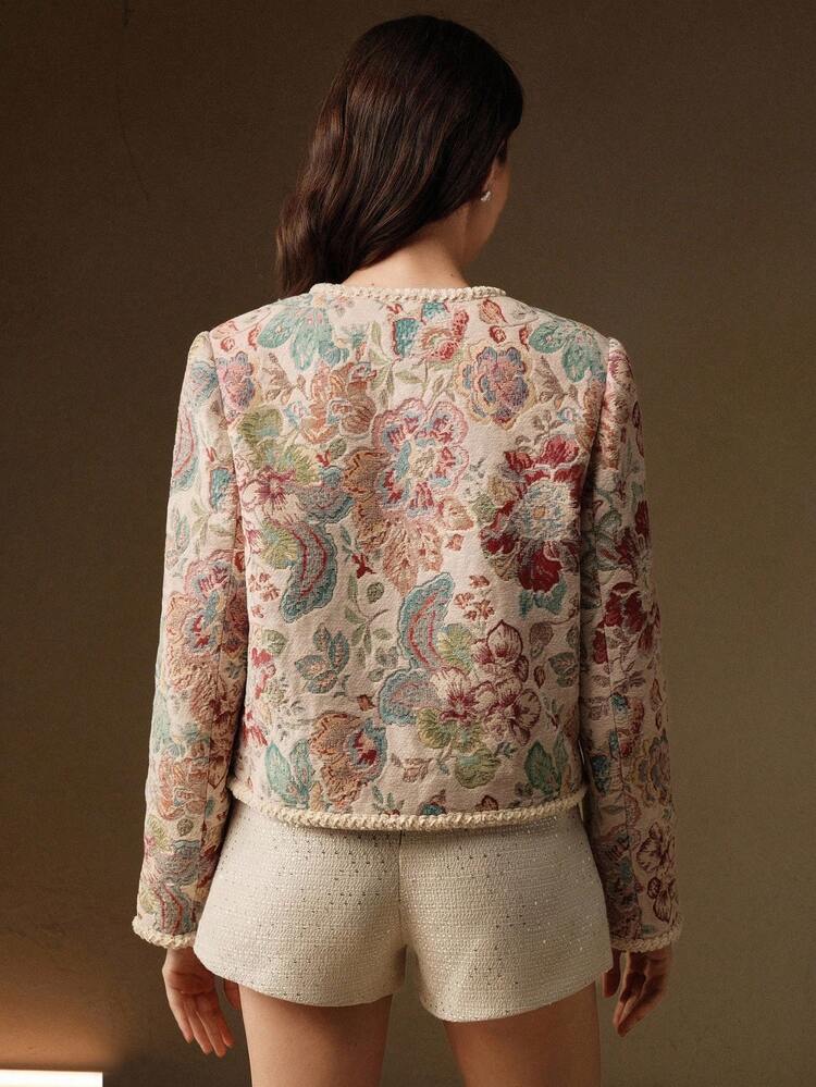 Elegant Romantic Open Front Jacket, Woolen Fabric With Floral Embroidery, Pearl Decor, Braided Trim Design, Long Sleeve, For Women, Autumn/Winter