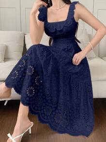 DAZY French Lace Embroidery White Waist Cinched Dress, Vacation Fairy Style