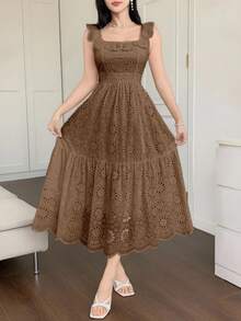 DAZY 法式蕾丝刺绣白色收腰连衣裙，度假仙女风长裙 - 卡其色 - 查看 3